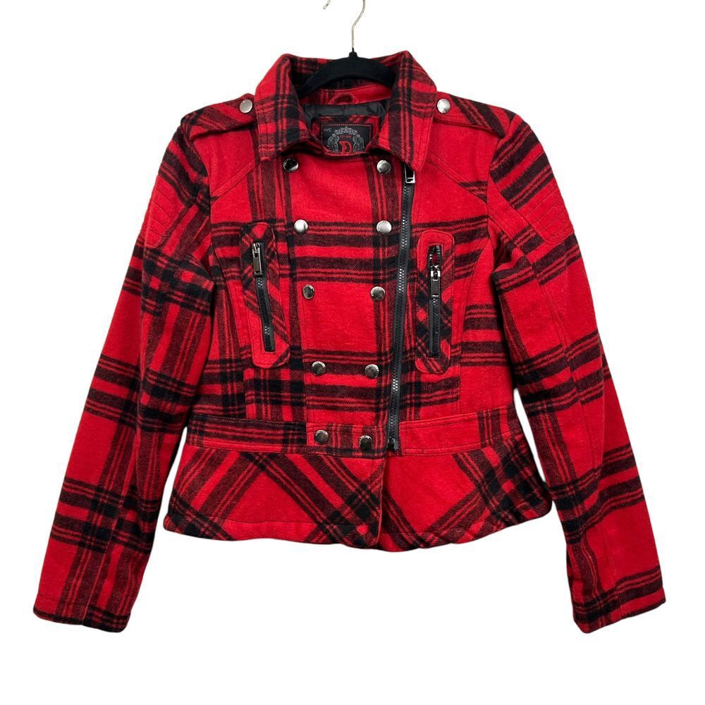 Dollhouse Women Wool Plaid Jacket Double Breasted Asymmetrical Zip Red Black L*